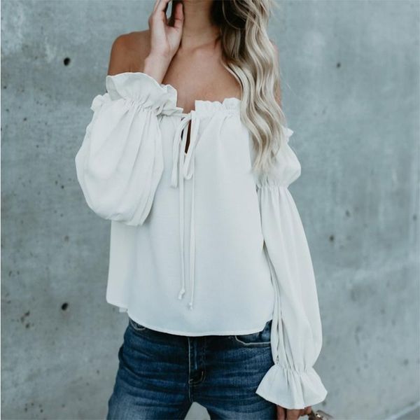 

women's blouses & shirts off shoulder women summer long sleeve lady slash neck beach blouse, White
