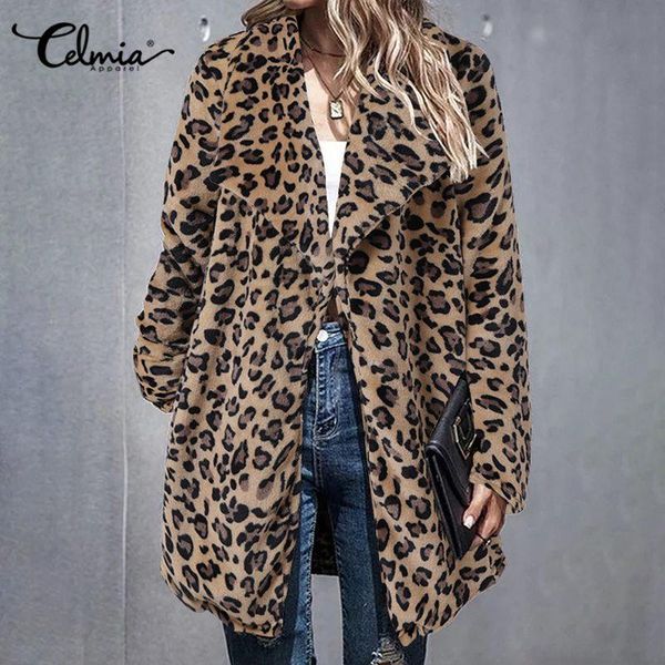 

women's jackets celmia coat 2021 winter women leopard fleece coats casual long sleeve vintage 5xl plus size party outerwears, Black;brown