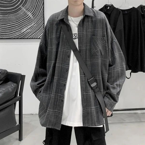

japanese style spring plaid male all-casual match loose summer oversized shirt, White;black