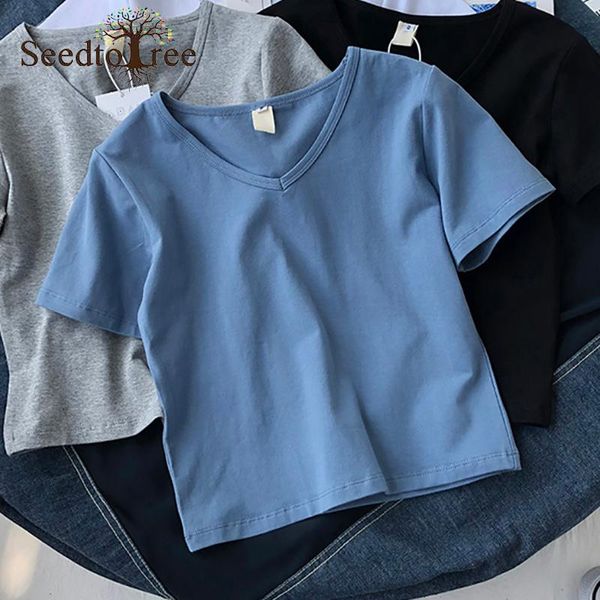 

women's t-shirt summer style solid color v-neck short sleeved top, White