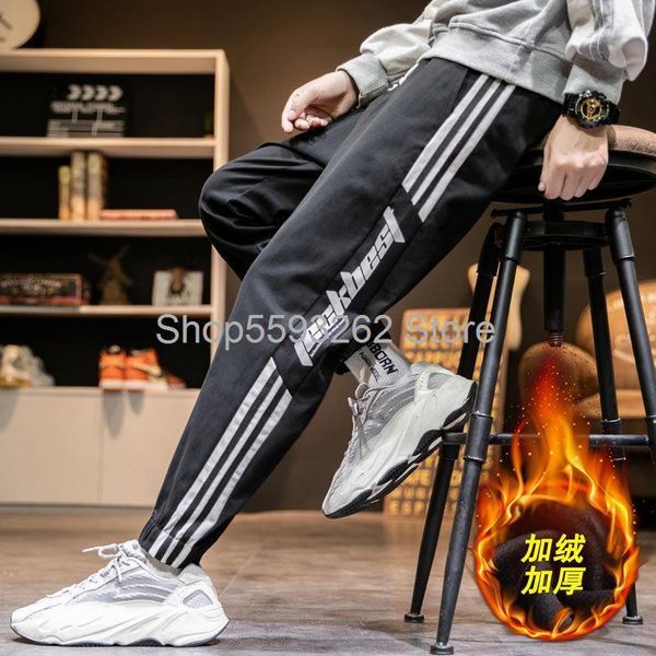 

casual pants men's tide brand beam foot sports plus velvet trend overalls, Black