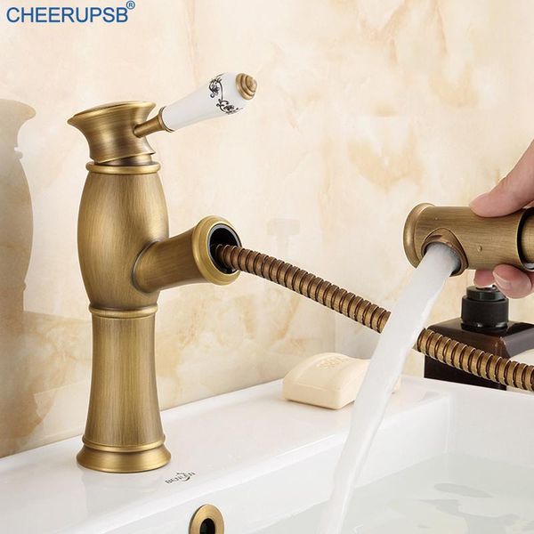 

bathroom sink faucets pull out basin faucet deck mount antique gold tap cold water mixer retractable single handle hole taps