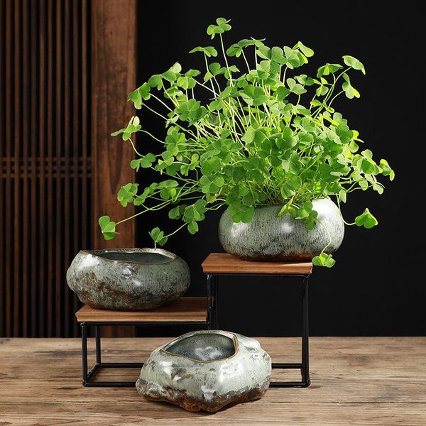 Cinese Retro Art Fiore Desktop Display Rame Verde Ceramica Carnosa Pot Acqua Cultura Soldi Erba Fioriere Vasi