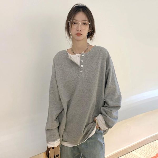 

women's hoodies & sweatshirts fake two clothes japan style spring/autumn oversize clothing solid pullovers o-neck straight trend, Black