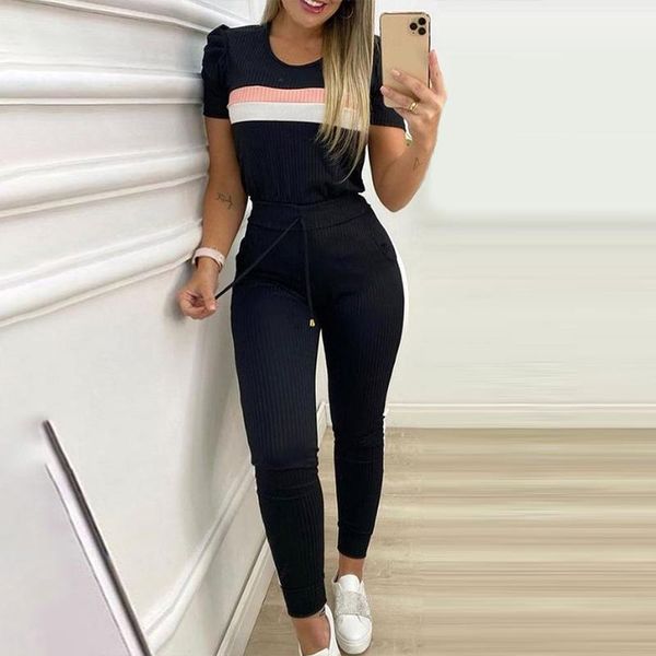 

women's two piece pants summer women sets fashion side striped sports outfits suits casual puff sleeve rib + pocket long tracksuit, White