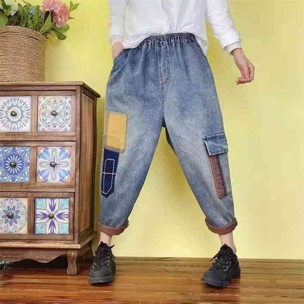 

arrival spring women loose casual embroidery ankle-length pants elastic waist cotton denim harem patchwork jeans w348 210512, Blue