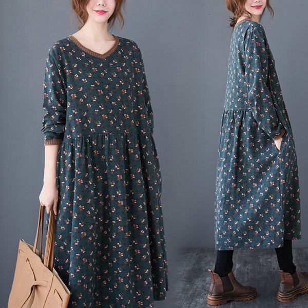 

casual dresses women spring fashion floral print mori girl v-neck long sleeve cotton linen dress female xl-4xl large size vintage clothes dj, Black;gray