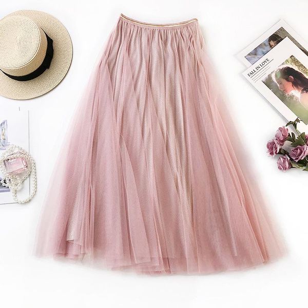 

skirts 2021 summer mesh high waist a-line pink midi faldas jupe femme women long skirt saia, Black