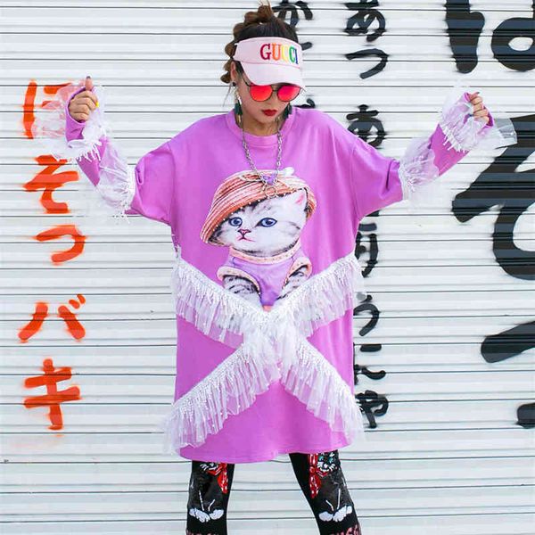 

dresses thailand tide brand heavy industry cartoon sequins printed sweater in the long section of age reduction loose lazy wind top, Black;gray