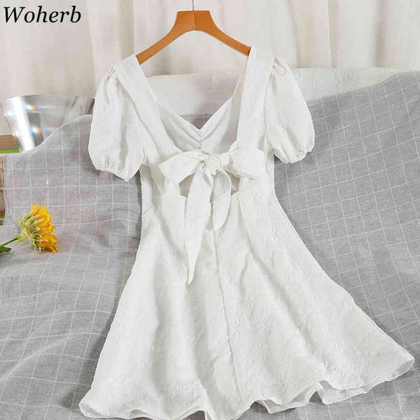 

women dress backless white mini dress korean temperament vestidos bowknot puff short sleeve high waist slim dresses 210417, Black;gray