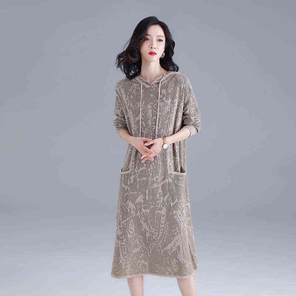 

casual dresses women's 2022 autumn knitted hooded temperament camouflage high neck wool long sleeve lapel pullover women, Black;gray