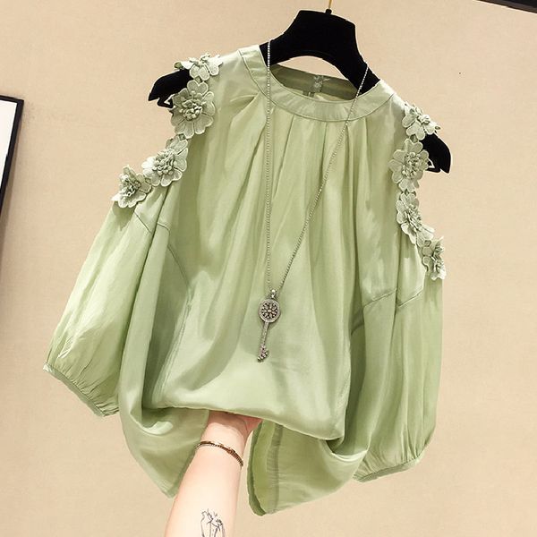 

T-shirt T-shirt Flower off shoulder chiffon shirt women's short sleeve 2020 spring and summer new Korean version loose cover belly very, White