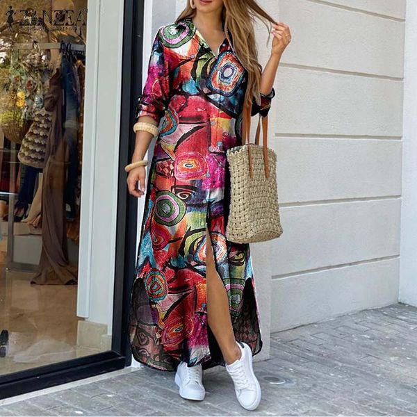 

elegant women maxi shirt dress casual floral printed robe longue zanzea autumn vintage ladies long sleeve vestidos plus size 5xl, Black;gray