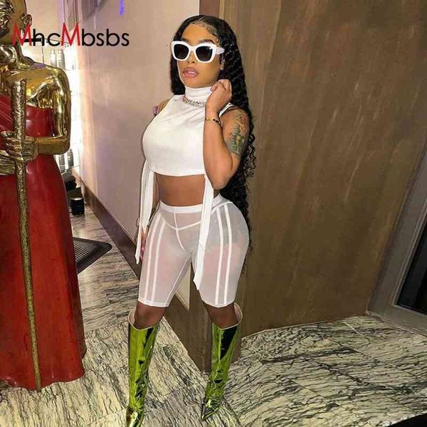 

women's two piece pants see through 2 set women summer bandage mesh biker shorts matching stretchy skinny fitness party c, White