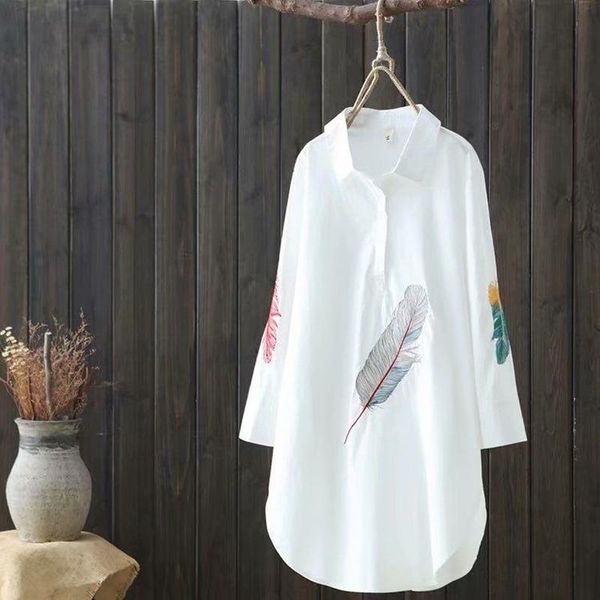 

women's blouses & shirts feather embroidery cotton women summer vintage long straight loose oversized female outwear coats, White