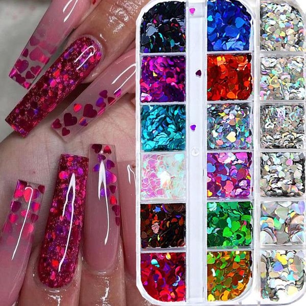 

nail glitter holographic sequin decoration flakes paillette designer mirror heart set shinning art powder manicuring, Silver;gold