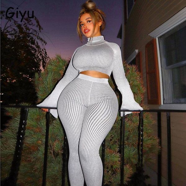 

giyu turtleneck 2 piece set women clothing bodycon club party crop pants 2021 winter flare sleeve two women's, White