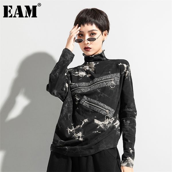 

[eam] women big size irregular zipper printed t-shirt new turtleneck long sleeve fashion tide spring autumn 1dd1437 210401, White
