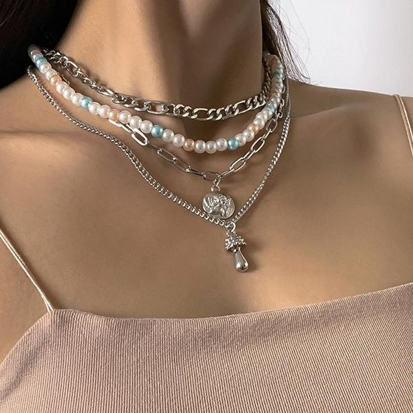 

pendant necklaces find me vintage geometric imitation pearl beaded mushroom portrait necklace for women jewelry accessories, Silver