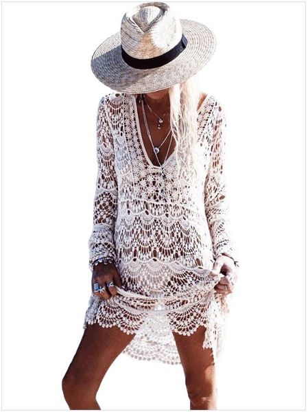 

women beach dress swimsuit swim wear bikini cover-up beachwear saidas de praia crochet long sleeve cover ups 42132 women's swimwear, White;black