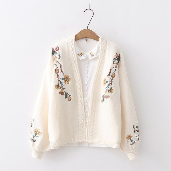 

chic flowers embroidery lantern sleeve women sweater cardigan long, White;black