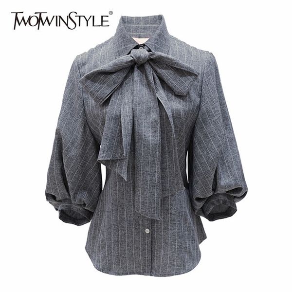 

twotwinstyle bow women's shirt striped lapel collar puff shoulder slim blouse spring female vintage fashion clothing 210401, White
