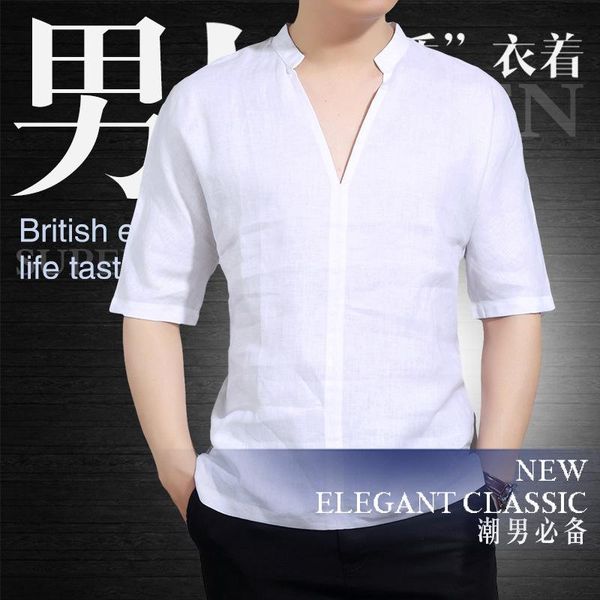 

men's linen t-shirt chinese style stand collar pullover solid color loose short sleeve pants, Black