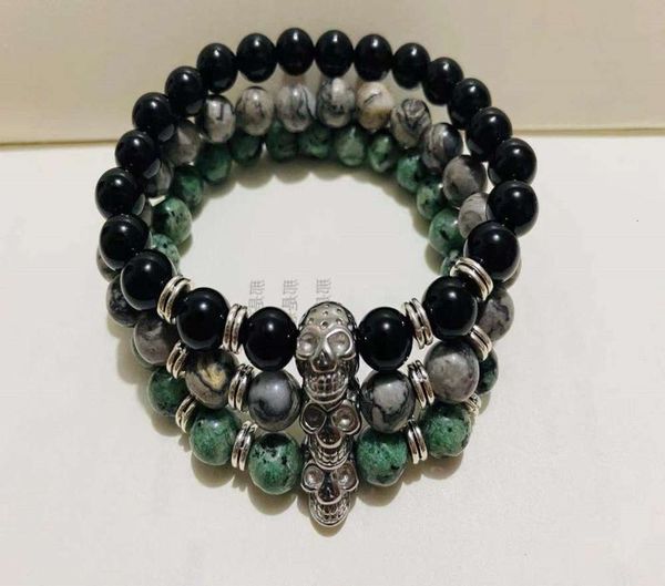 

popular jewelry 8mm natural agate skull zircon bracelet, Golden;silver