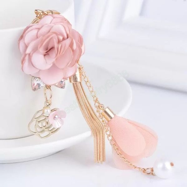 

fashion charm pink rose flowers key rings women romantic bag pendant tassel keychain jewelry gifts, Silver