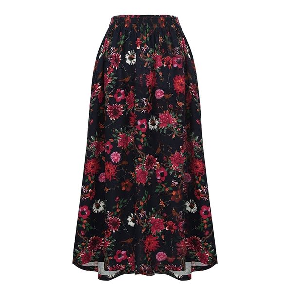 

romacci vintage long floral print elastic waist boho maxi skirt pocket casual a-line pleated skirts womens jupe femme, Black