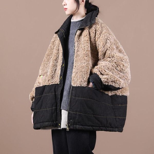 

women's jackets winter clothes loose large size hem drawstring denim patchwork parka lamb wool plus velvet cotton jacket coat y815, Black;brown