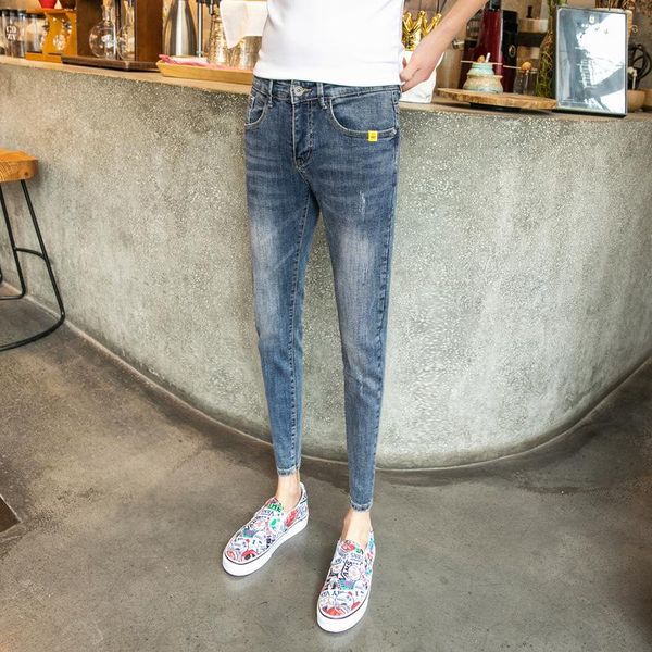 

men's pants thin denim jeans spring slim ankle fashion stretch pencil, Black