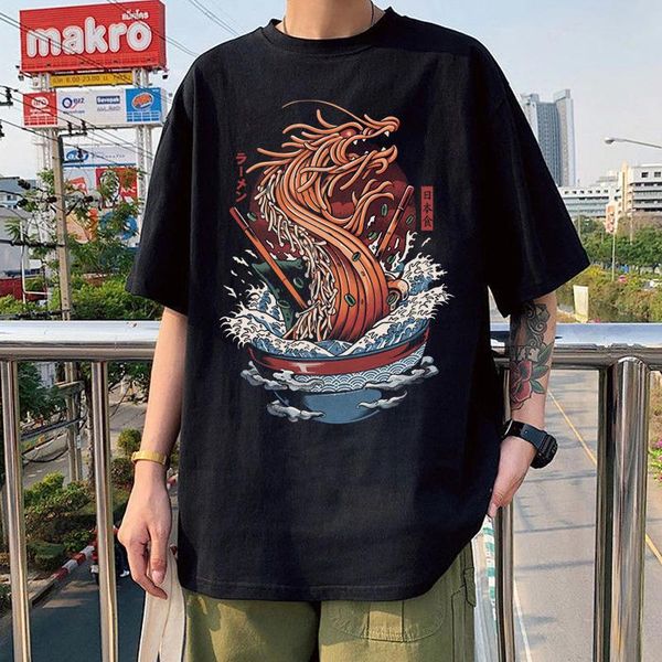 

men's t-shirts japanese ramen dragon print men tshirt funny de kaiju off kanagawa sushi manga fight hombre camisetas tee, White;black