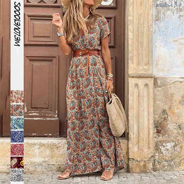 Verão BOHO LONG Dres Casual 7 Cores Impresso V Pescoço Túnica Partido Es Feminino Elegante Alto Slit Beach Robe 210623