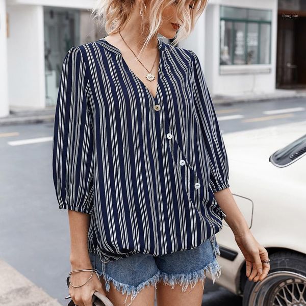 

women's t-shirt office t-shirts women casual three-quarter sleeve v-neck striped print button shirt blusas elegantes mujer formal, White