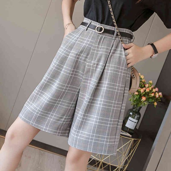 

women plaid wide leg pant knee length summer fashion female loose high waist casual trousers short alons 210423, White;black
