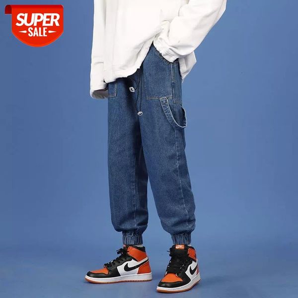 

2021 men's trendy loose straight pants stretch slim fit casual cargo pocket jeans biker denim black/blue color trousers #uh7n