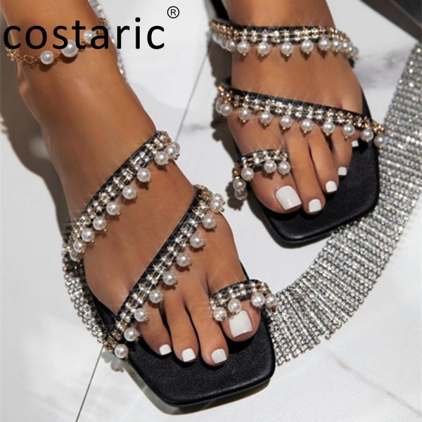 

slippers women novelty 2021 fashion pearl shoes size 43 woman beach solid slides street style designer, Black
