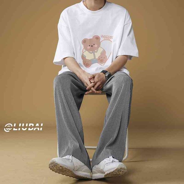 

men's pants summer pleated fashion casual men streetwear korean loose straight wide-leg mens ice silk m-2xl pzim, Black