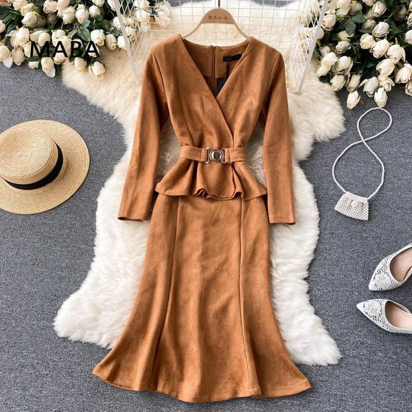 

casual dresses 2021 autumn temperament ol professional office lady dress women's v-neck long sleeve slim fit black bag hip elegant, Black;gray