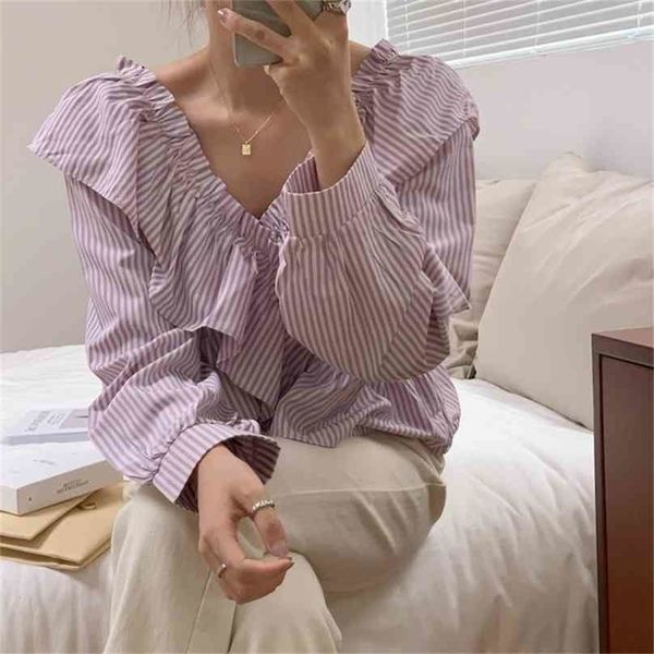 

stylish v-neck striped crossed patchwork ruffles chic loose all match streetwear full sleeves blouses 210525, White