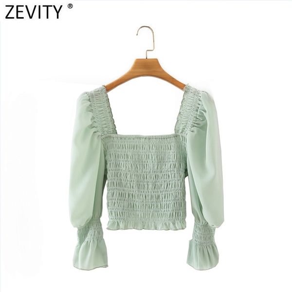 

french style women vintage square collar elastic slim short smock blouse female puff sleeve shirt chic blusas ls9155 210416, White