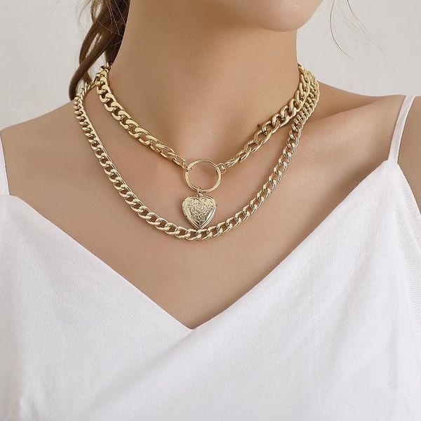 

chains jewelry chain circular geometric peach heart pendant necklace female exaggerated personality sautoir restoring ancient ways, Silver