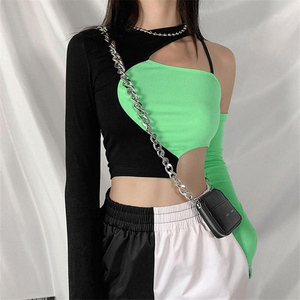 

t-shirt female personality fashionable hanging neck long-sleeved hit color wild off-shoulder short women's, White