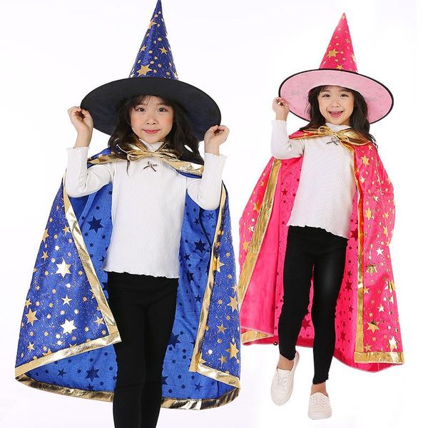 

party hats halloween costume satin cape with hat for kids boys wizard girls witch cosplay child dress up ghost clothes 2021