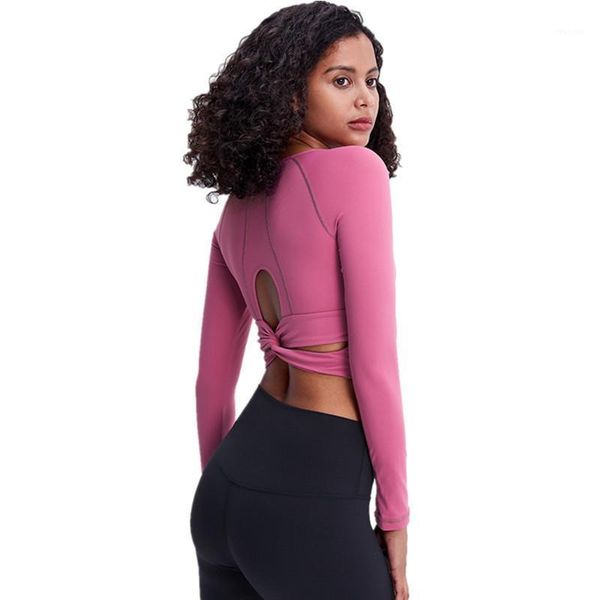 

yoga outfit chest pad women back hollow out kink quick dry spring long sleeve thumb holes sports t shirts removable