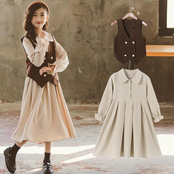 

clothing sets children set spring autumn girls long sleeve two-piece fashion vest and dress outfits suits girl clothes 4-12 yrs, White