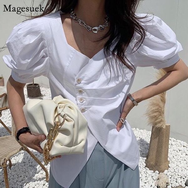 

women's blouses & shirts fashion chic pleated puff short sleeve shirt female square collar loose white korean vintage summer lady 1428