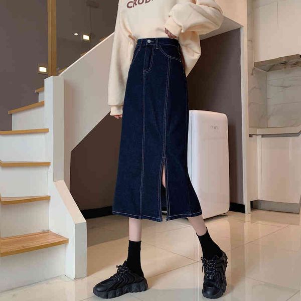 

jxmyy spring and autumn new retro denim skirt female mid-length high waist split hip skirt 210412, Black