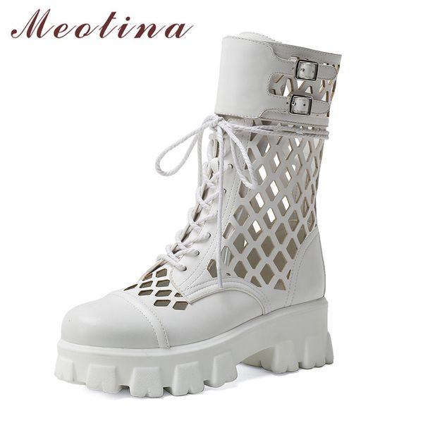 

meotina motorcycle boots women shoes buckle platform block heels mid calf boots cross tied cutouts high heel lady boots white 42 210520, Black